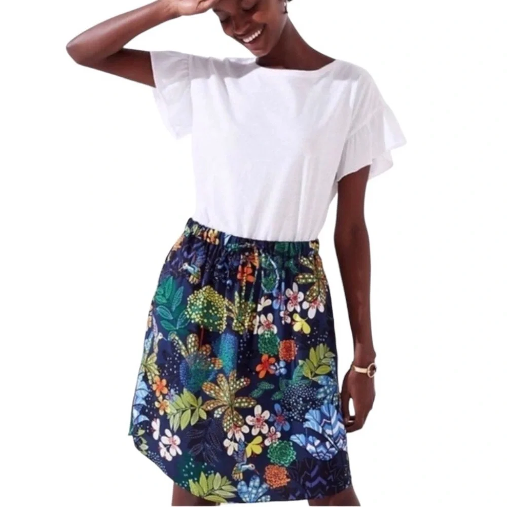 LOFT Tropical Floral Skirt, Hummingbird Boho Elastic Waist Pull On Petite Small - Picture 11 of 12